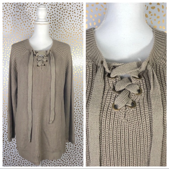 Umgee Sweaters - Umgee Lace-Up Chunky Pullover Sweater Stone